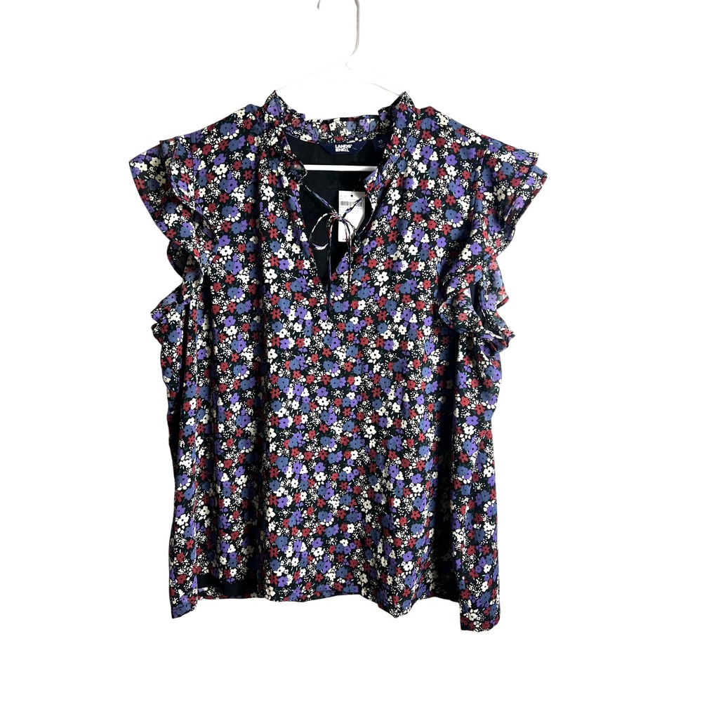 Lands' End Black‎ Floral Tie Neck Top Size XL Flutter Sleeve Careerwear Boho NEW
